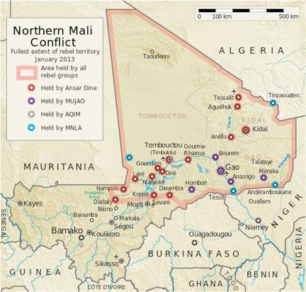 49 Figure 5: Map of northern Mali conflict highlighting cities that have been taken by rebels. Map of Mali. 2012.