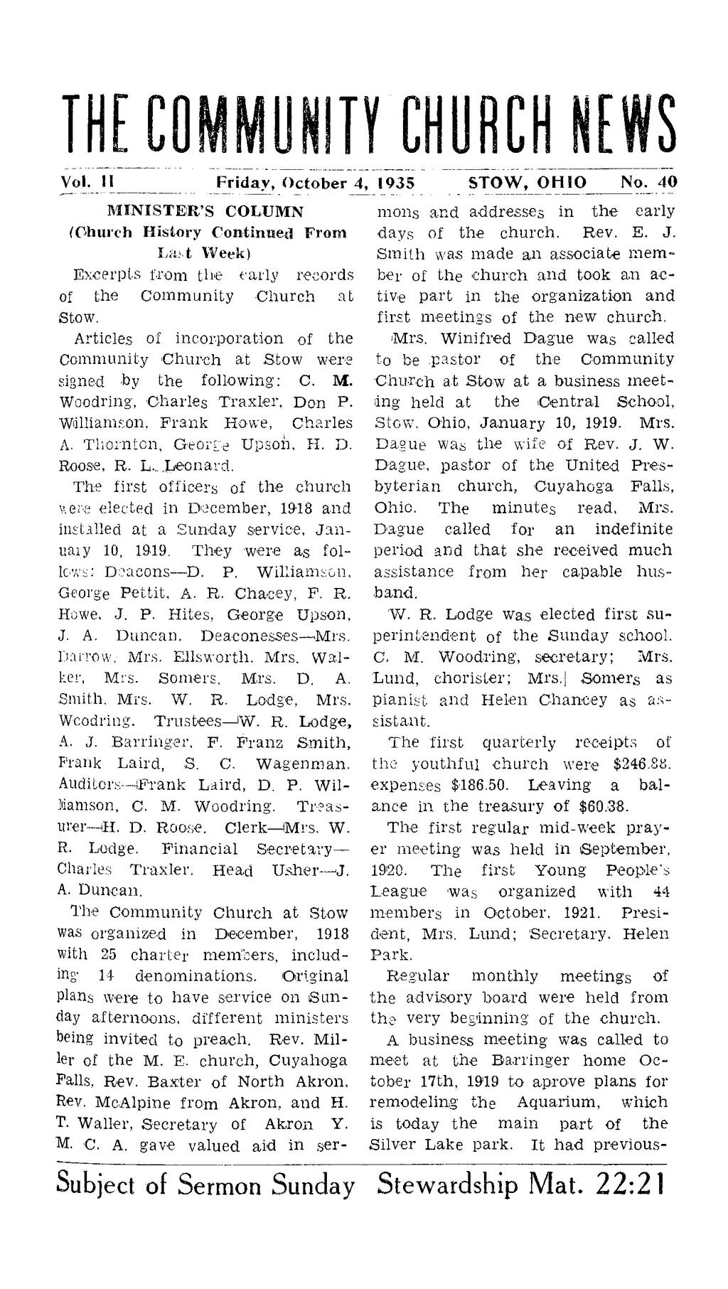 Vol. II Friday, October 4, 1935 STOW, OHIO No. 40 MINISTER'S COLUMN (Church History Continued From La.;-t Week) Excerpts from the early records of the Community Church at Stow.