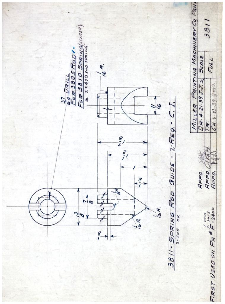 . Part Drawing prepared and checked by Joseph Sinkovits, 21 April 1939 Received 05 July 1971, from Miller Printing Machinery