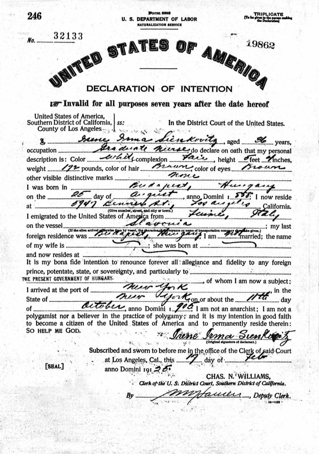 Irene Irma Sienkovitz's Declaration of Intention, 17 February 1925 Irene is also shown in the Los Angeles, California 1930 Federal Census as "Widow", with a female, Miriam Westberg, age 10, living