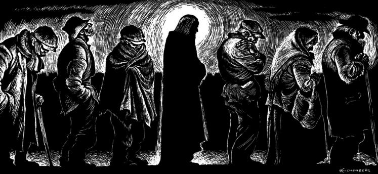Christ of the Breadlines (detail) by Fritz Eichenberg As a result of the Incarnation, Jesus today can be found in all those long lines that are found in