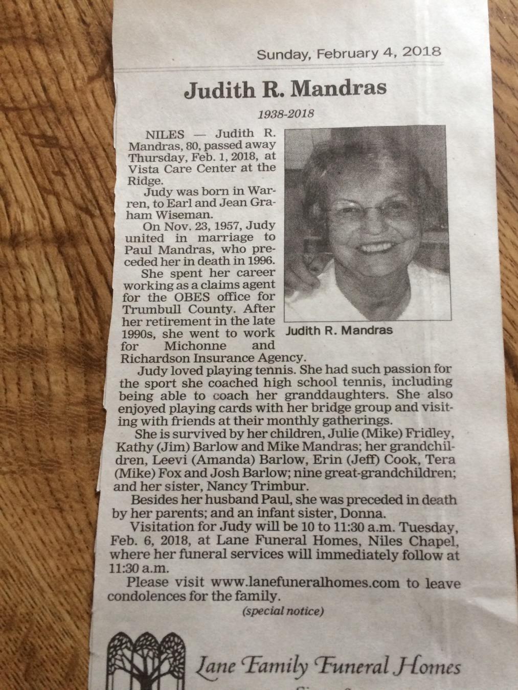 In Memory of Judith Mandras a long time standing member