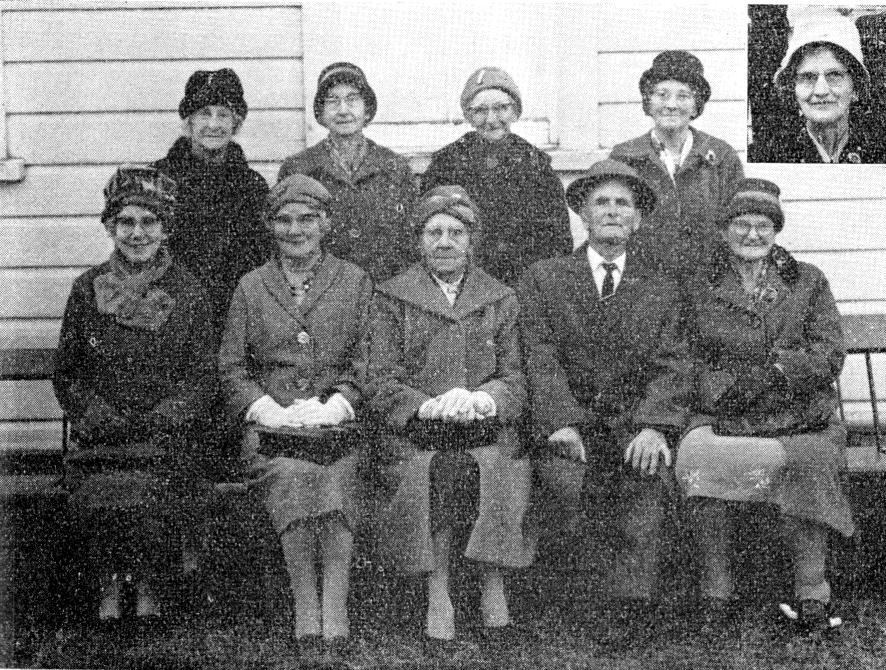 PIONEERS, AT THE 70th ANNIVERSARY Back Row: Bertha Cooper (Mrs. Hill), Laura Tait (Mrs. Garlick), Eva Brown, Jessie Sinclair. Front Row: Flora Cody (Mrs. Rennie), Miriam Cody (Mrs.