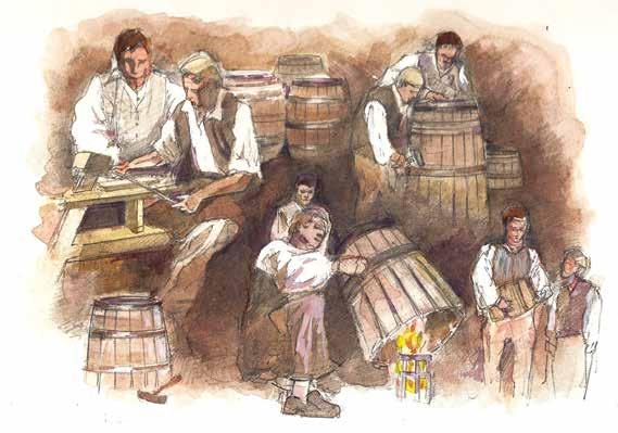 Making barrels was an important skill. sails, while blacksmiths made the ships anchors. Men called coopers made barrels to hold cargo, food, and fresh water for long voyages.