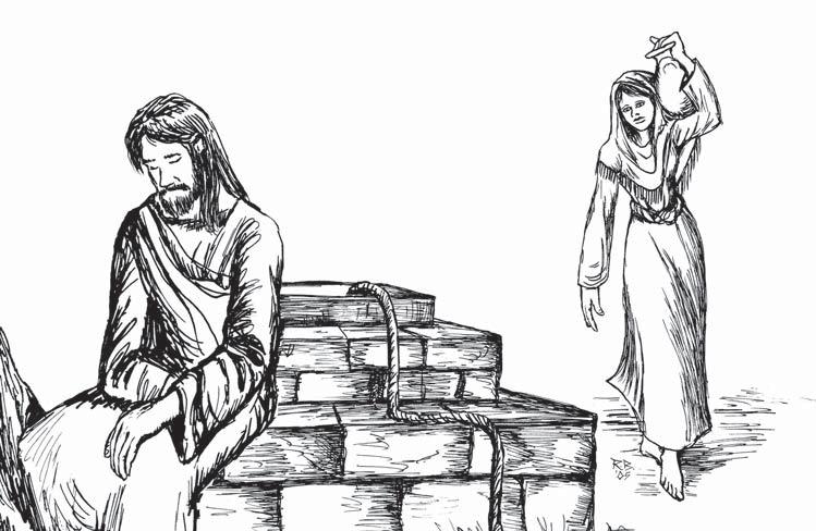 We do not know what fills Jesus mind as he sits by the well. But soon a woman appears walking down the road to the well, her clay water pot clutched in her arms.