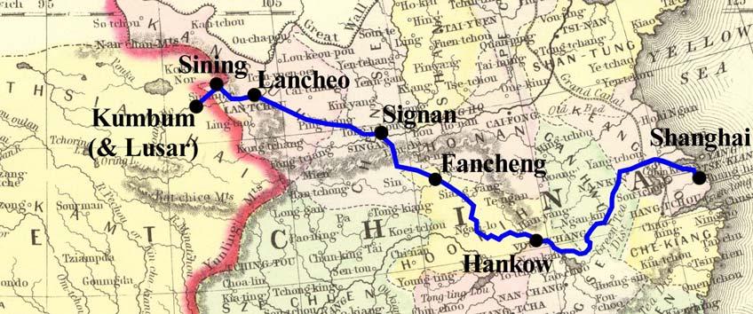 Figure 2. Map showing route of the Rijnharts from Shanghai to Kumbum. Dr.