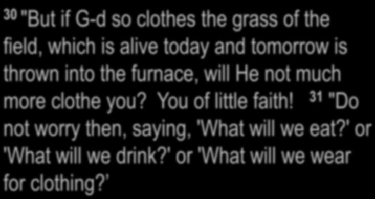Matthew 6:30-31 30 "But if G-d so clothes the grass of the field, which is alive today and tomorrow is