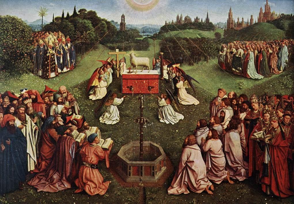 Jan van Eyck, Ghent Altarpiece: Adoration of the Lamb, detail, 1425-29 Hymn: At the Lamb s High Feast 1.