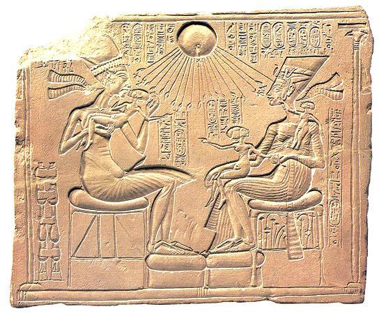 In the new Amarna style, the king and queen sit on cushioned stools playing with their nude daughters, whose elongated shaved heads conform to the newly minted figure type.