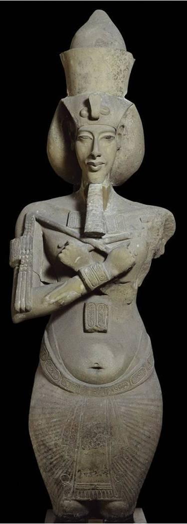 The rather strange and eccentric portrayals of Akhenaten, with a sagging stomach, thick thighs, larger breasts, and long, thin face so different from the athletic norm in the portrayal of Pharaohs