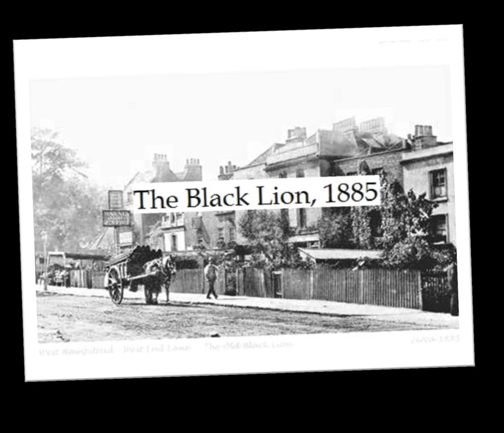 This street scene shows the front of the Black Lion Public House in 1885, situated