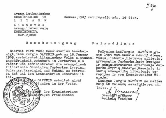 Darius Petkūnas Document identifying Jurgis gavėnis as pastor of the Jurbarkas, Žvyriai, Sudargas, raseiniai, and Šakiai congregations, issued by Chairman Leijeris on September 16, 1943. JKA.