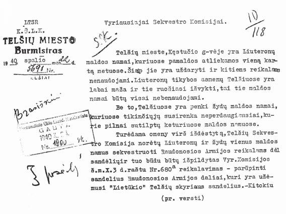 Darius Petkūnas october 22, 1940 letter of the Telšiai City Council Chairman to the Supreme Sequestration Commission, suggesting that the Lutheran church and one synagogue be closed and given to the