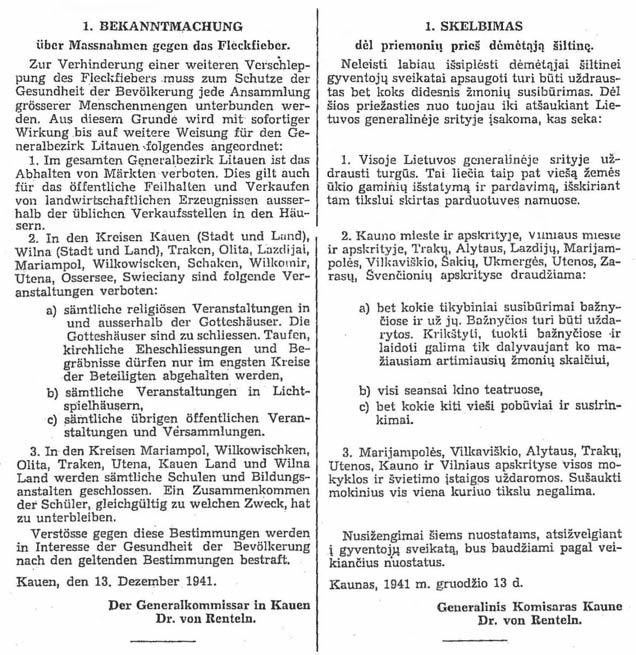 Darius Petkūnas governmental announcement of measures to be undertaken against Typhoid Fever. Amtsblatt. December 31, 1941 (No.19).