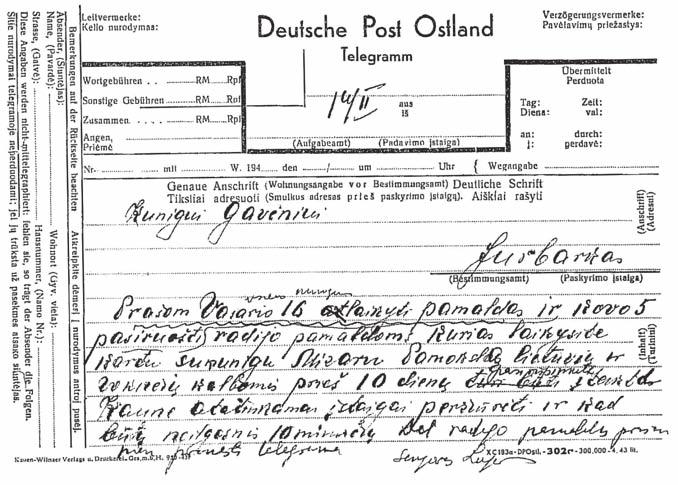 3. the nazi occupation February 14, 1944 telegram of Chairman Leijeris to Pastor gavėnis announcing permission to celebrate the February 16 independence Day. JKA. as a holiday after work.