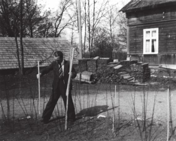 Darius Petkūnas Pastor Kalvanas setting stakes for planting saplings in front of the vymerinė - the Tauragė parish parsonage, spring 1943. JKA.