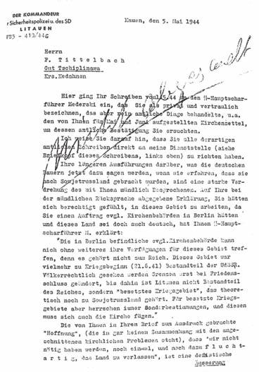 Darius Petkūnas May 5, 1944 unsent letter of SS-Sturmbannführer Löhndorf to Provost Tittelbach accusing him of defeatism. LCvA.