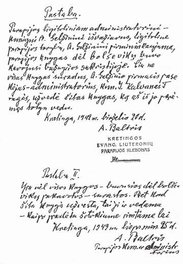 Darius Petkūnas Notation in the Kretinga parish church records by Pastor Ansas Baltris, stating that all records previously hidden from the Bolsheviks had now been found. KPA.