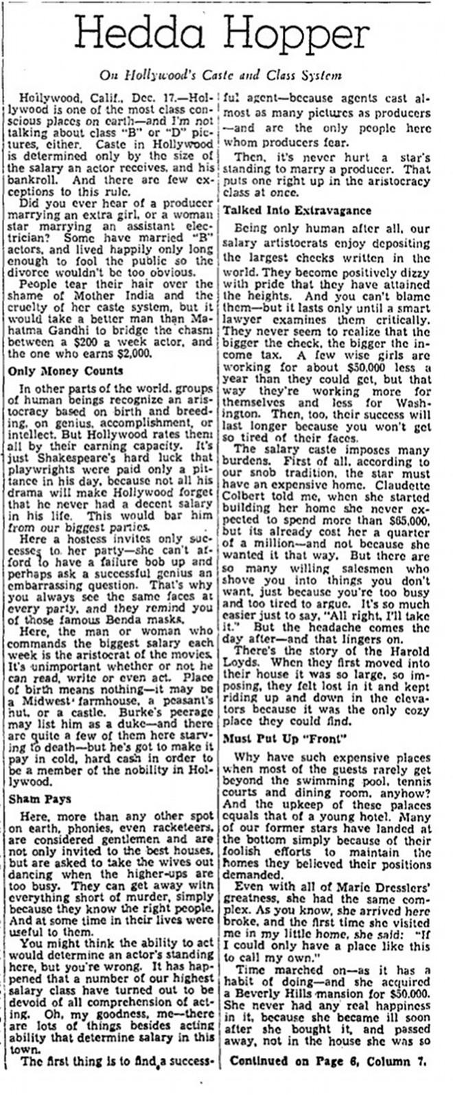 7 Media Fields Journal Figure 3. Hedda Hopper weighs in on Hollywood s caste problem. Source: The Washington Post, December 18, 1938.