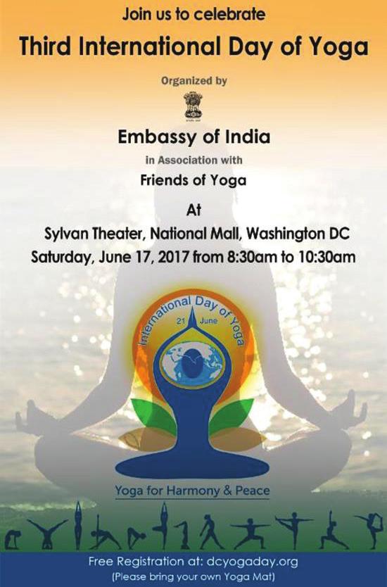 International Yoga Day Curtain Raiser Event Saturday, June 10, 2017 from 11 AM - 1:00 PM SSVT in association with Indian Embassy and partner organizations Heartfulness Institute, Art of Living