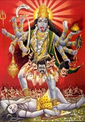 Kali, which means black, represents the terrifying aspect of the Mother Goddess Kali, the devourer of time (kala)