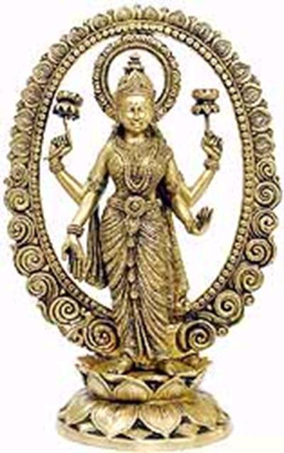 Lakshmi, one of the forms of the Mother Goddess, is the goddess of fortune and wealth and the consort of Vishnu. As goddess of good fortune she is depicted with four arms.