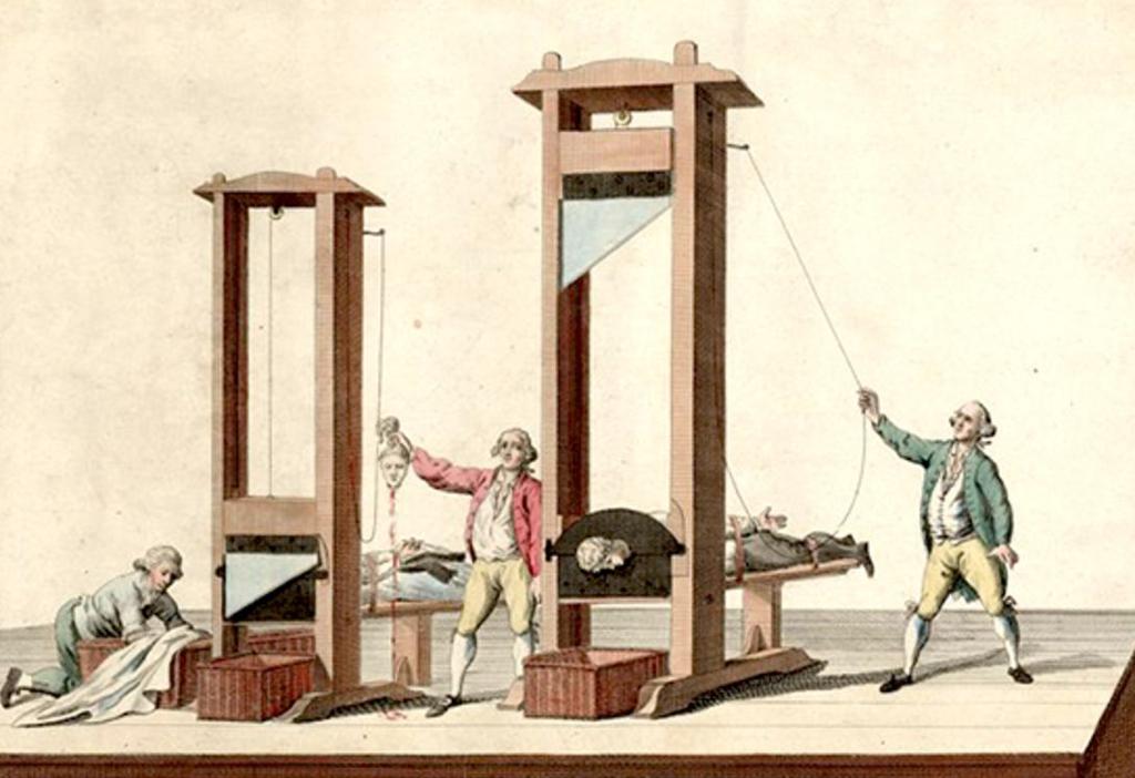 4 The Guillotine The political cartoon to the right: Robespierre pulling the cord to the guillotine on the executioner himself because there was noone else to do it.