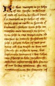 The whole manuscript is a florilegium assembled by one scribe whose dialect is of Grantham, Lincolnshire, perhaps the Lincoln/York Carmelite Richard Misyn writing, as the manuscript states, circa