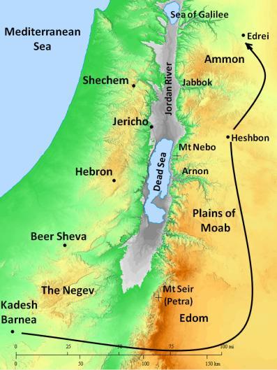 7. The Journey to Moab - 21:10-20 a) Can you trace their path as the Israelites traveled around Edom? From what direction did they approach Moab?