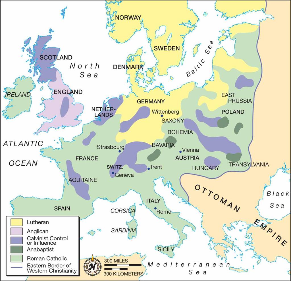 MAP 13-2 Religious Diversity in Post- Reformation Europe By the middle of the sixteenth century the region that medieval people thought of as