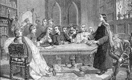 The Holy Club in session. John Wesley stands at the head of the table. George Whitefield is to his immediate right. Benjamin Ingham and Charles Wesley are seated at the table in conversation.