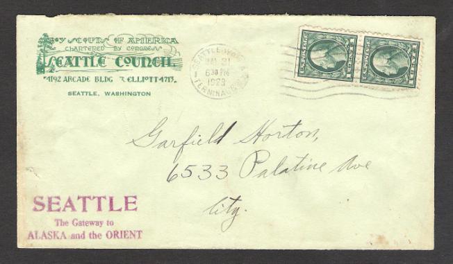 The next known Seattle Council cover (See Figure 2) was mailed on June 21, 1923. The Council address was now 4192 Arcade Building.