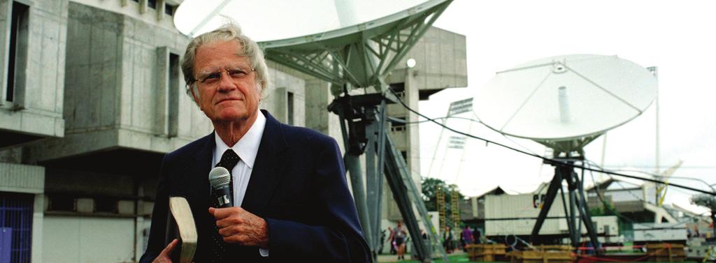 Billy Graham broadcasts from San Juan, Puerto Rico, during Global Mission in 1995.