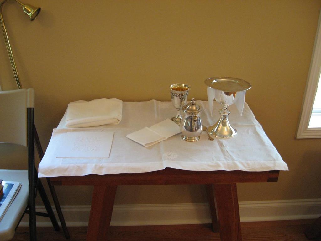 CREDENCE TABLE CHALICE CIBORIUM VEIL INTINCTION CHALICE PALL PURFICIATOR WATER CRUET **Some services will be slightly different, check with your acolyte leader or clergy.