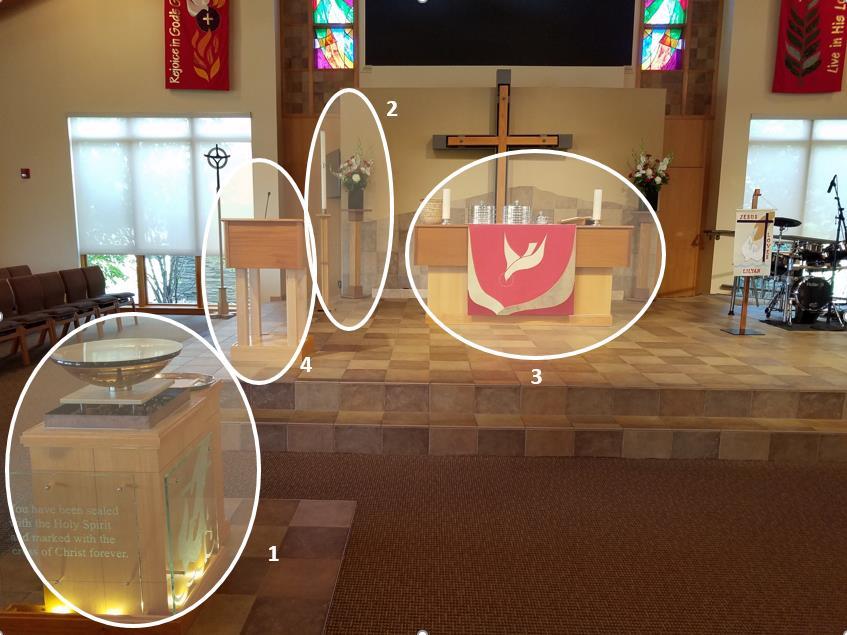 Chancel/Stage Furnishings (Figure 2) 1. Baptismal Font 2. Flower Stand (background) Paschal Candle (foreground) 3. Altar 4.