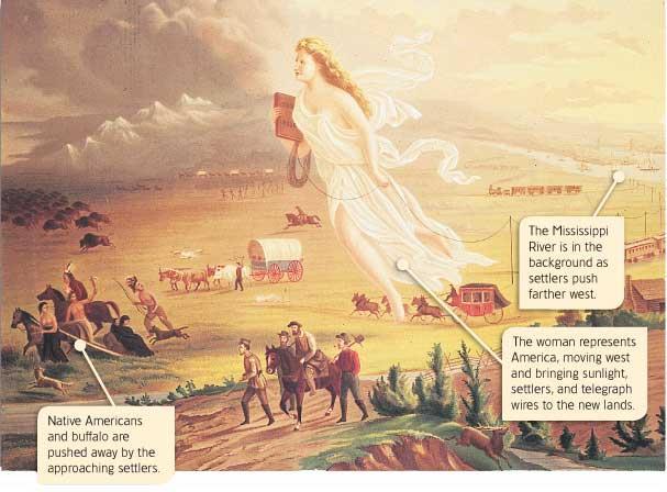 Manifest Destiny John Gast s 1872 painting American Progress shows the spirit of manifest destiny leading settlers westward.