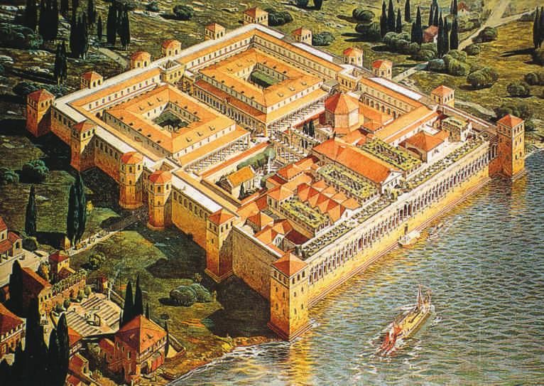 110 CHAPTER 4 The Roman Legacy 4.30 Reconstruction Drawing of the Palace of Diocletian, Split, Croatia, 300 305 ce. Note the octagonal dome of the emperor s mausoleum, toward the center right.