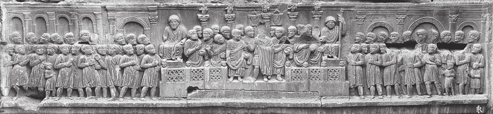 Offi cials for the emperor (seated in the center) distribute money to the crowds on both sides.