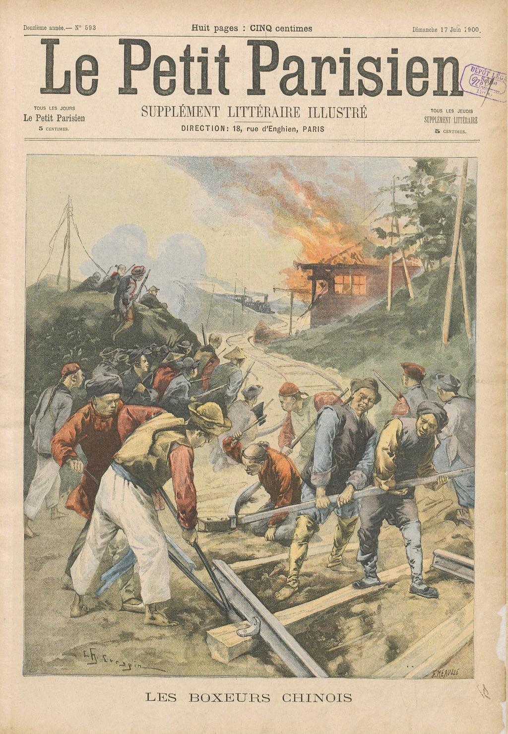 Boxers destroy railway tracks in this cover illustration of a French periodical.