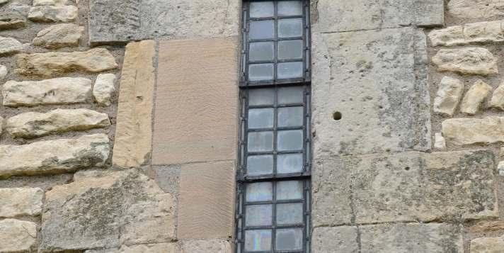 ) The dimensions of the aperture of this window are approximately 6ft 6in tall x 10in. wide. Its sill is approx. 13ft 6in. above the lowest order of the plinth. Thickness of the wall is 2ft 6in.