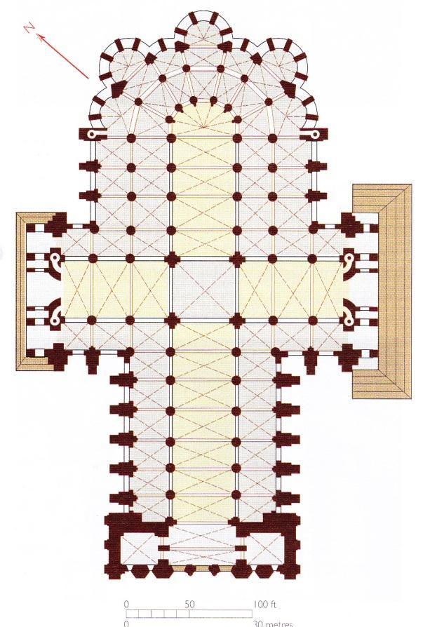 Inside, the cathedral is built in the shape of a cross with a central aisle and transepts forming the arms of the cross.