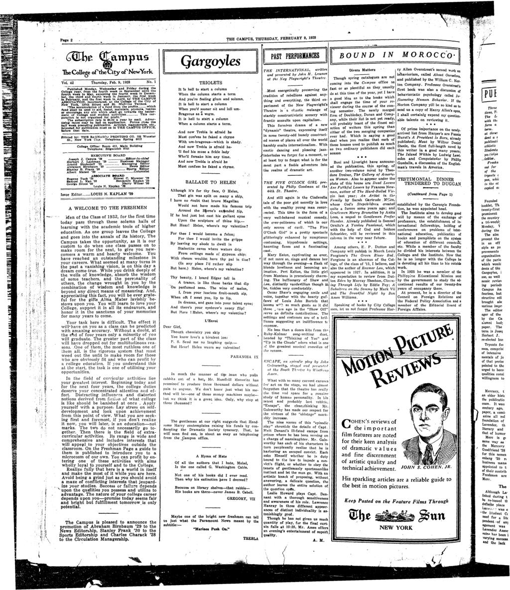 .'. J 1? ;\" Page 2 Gkh \ampu5 'lhecone&e of'he Ciy of' New York Vol. 42 Thursday Feb. 9 1928 No.