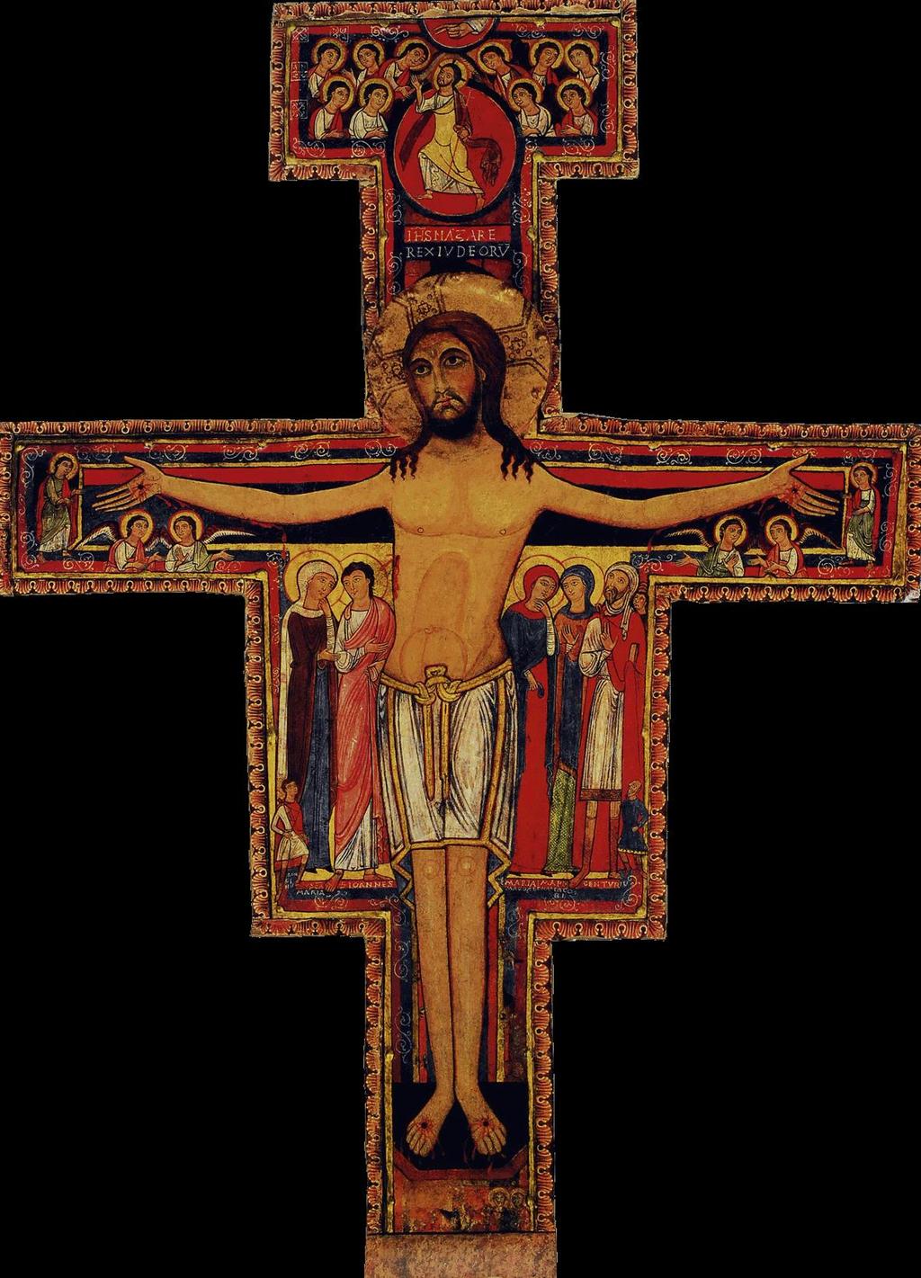 The San Damiano Cross is the large Romanesque rood cross that St Francis of Asssi was praying before when he is said to have received the commission from the Lord to rebuild the