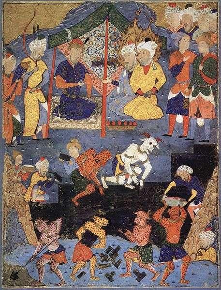 A Persian miniature, Dhul- Qarnayn with the help of jinn, building the Iron Wall to
