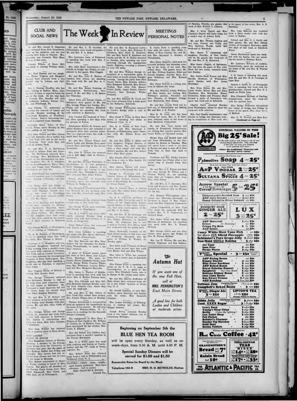 \' dnesday, August 25, 1926 THE NEW ARK POST. NEW ARK. DELAWARE. CLUB AND SOCAL NEWS :111'. and Mrs. Joseph E. Hageman h8\' returned from.