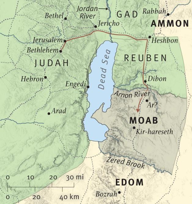 In the period of the judges, Elimelech, Naomi, and their sons leave Bethlehem because of a famine to sojourn in Moab (see map). Naomi s husband, Elimelech, dies there.