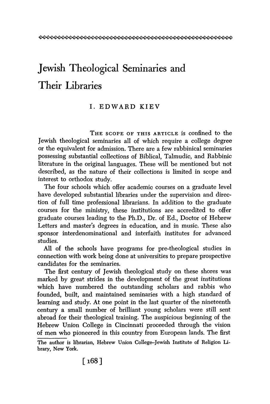 Jewish Theological Seminaries and Their Libraries I.