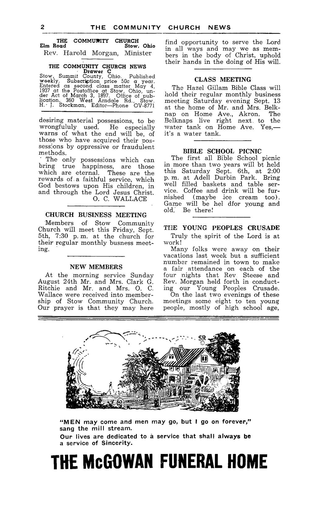 373 THE THE Elm Road COMMUMTY Rev. H a r o l d COMMUNITY CHURCH Stow. Morgan, Ohio Minister THE COMMUNITY CHURCH NEWS Drawer C Stow, Summit County, Ohio. Published weekly.