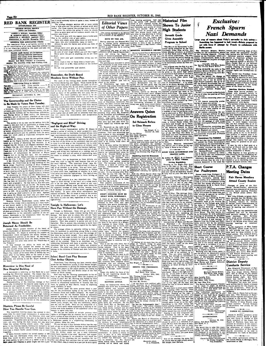 Page Sir RED BANK REGISTER, OCTOBER 31. 1940. RED BANK REGISTER ESTABLISHED 1178 THOMAS IBVING BBOWN Editor and Publisher JAKES J. HOGAN, Associate Editor M. HABOLO KELLY, Assistant Editor CHESTER J.