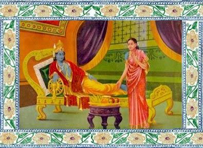 When Lord Srinivasa returned, Vakuladevi, His caretaker, found him lying on his bed, pining for his